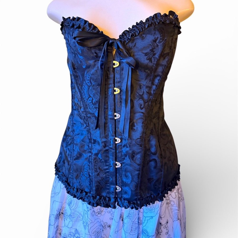 Wuthering heights Black satin Corset Top sz XL lace up back metal closure front